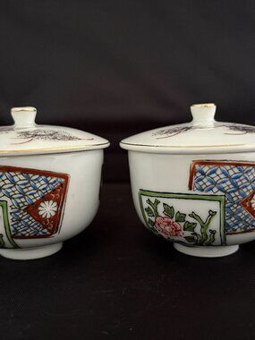 Vintage Kutani Pair of CtoC Japan Teacups Japanese Porcelain Lidded Teacups